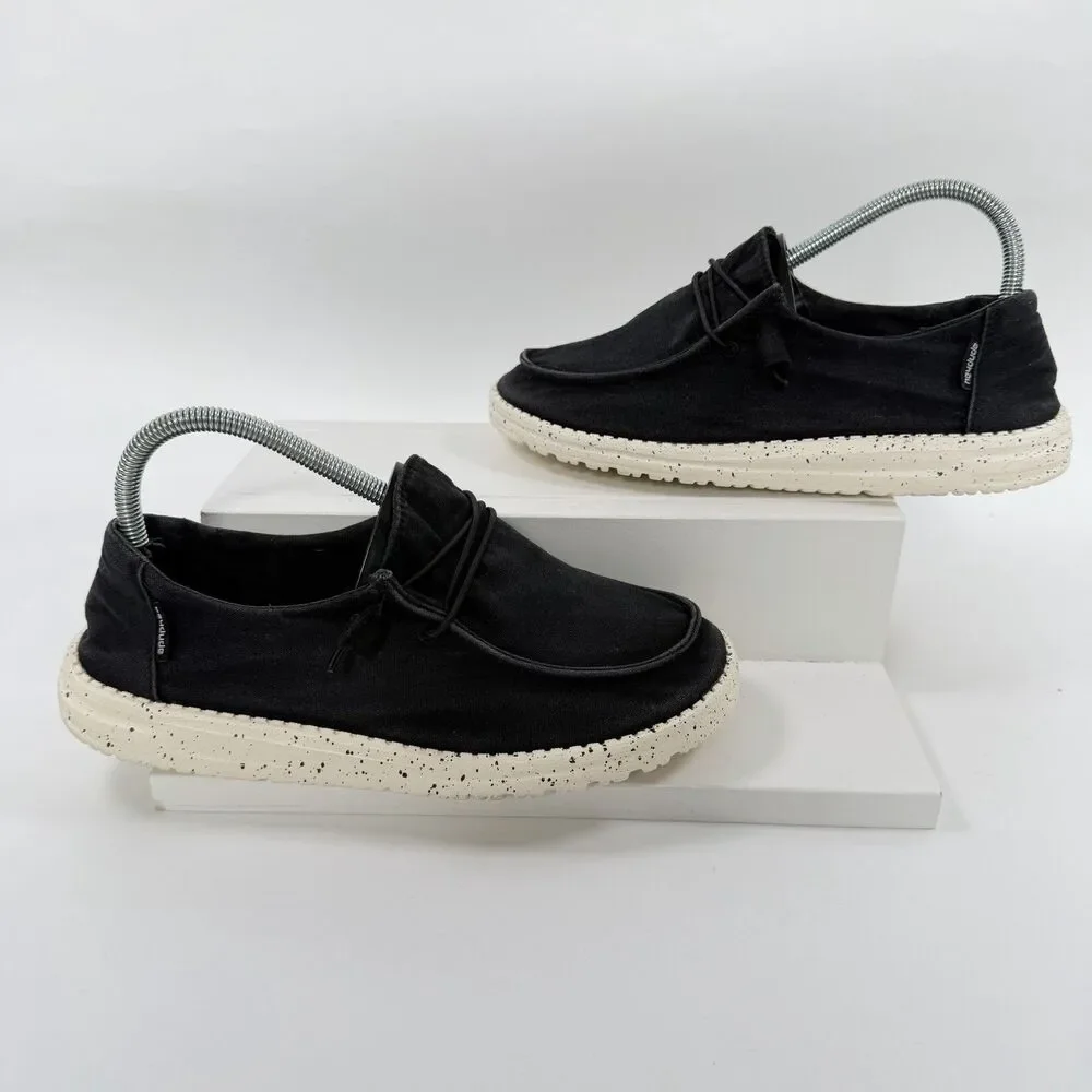 Hey Dude Wendy L Black Canvas Speckled Sole Slip On Loafers Shoes Size 8